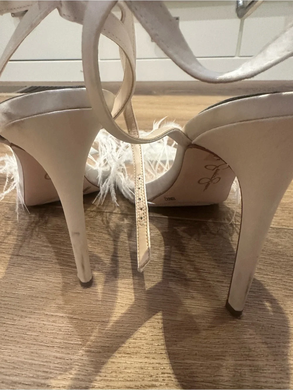 Jessica Simpson Ivory White Satin Feather Ankle Strap Stiletto Heels 10M